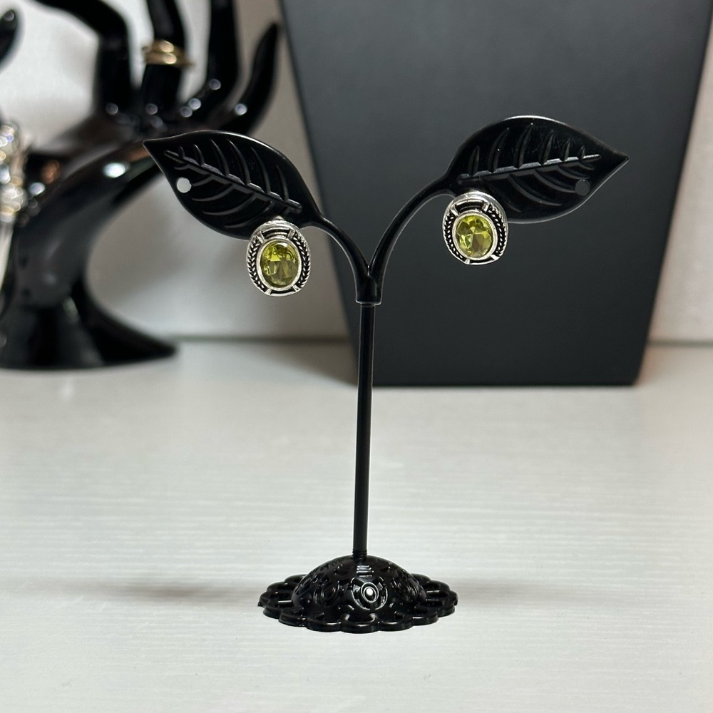 Vintage Silver Tone and Faux Peridot Oval Stud Earrings with Post Backs for Pier